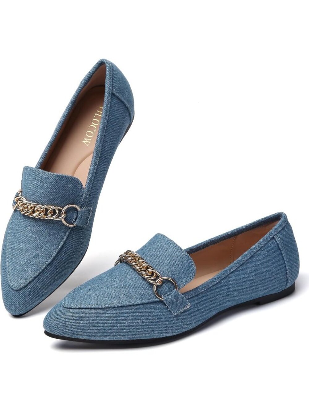Women's Blue Comfortable Metal Chain Pointed Toe Slip on Fashion Work Flat Shoes